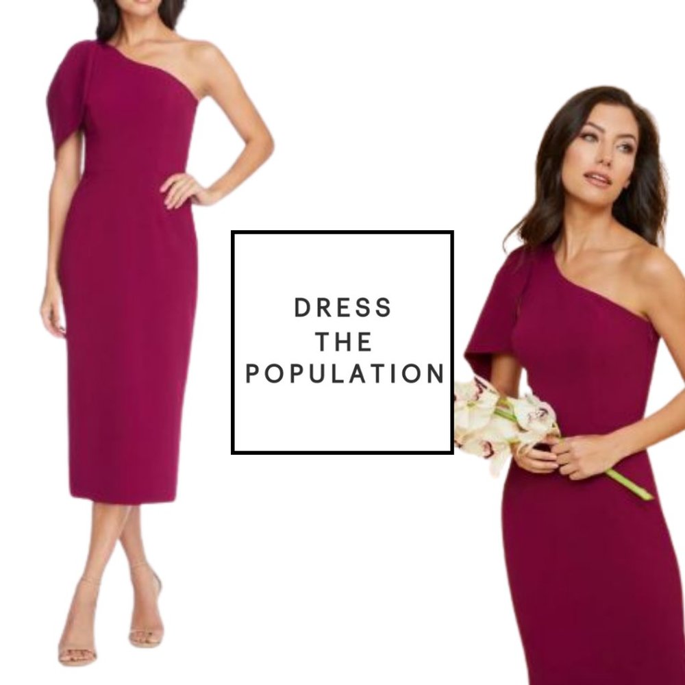 Dress The Population | Tiffany One-Shoulder Midi Dress | Dark Magenta